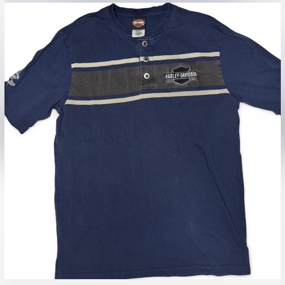 Harley-Davidson Men's Navy and Tan Button Down Shirt